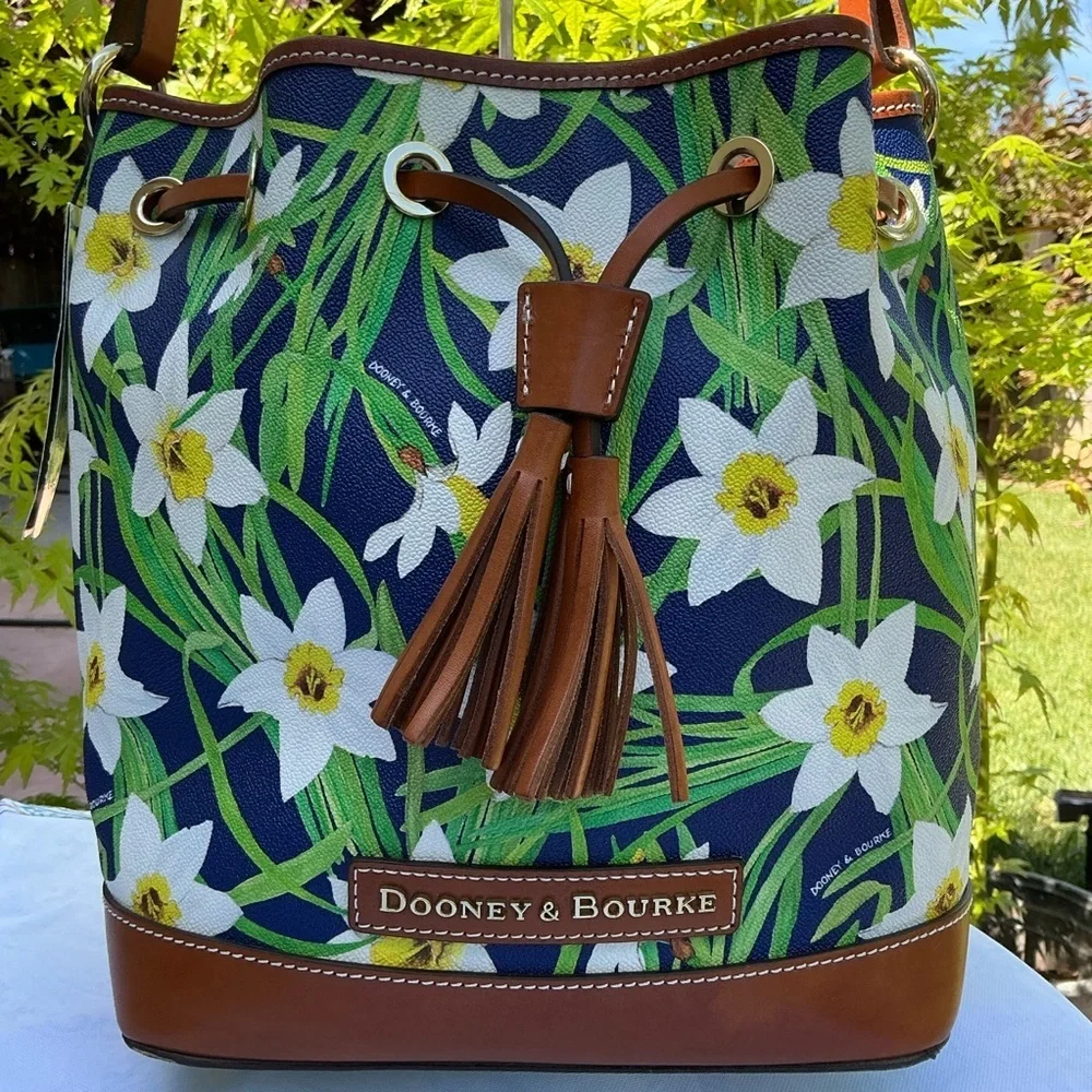 Dooney & Bourke Daffodil Navy Floral Drawstring Bucket Hobo Shoulder Bag Set NWT